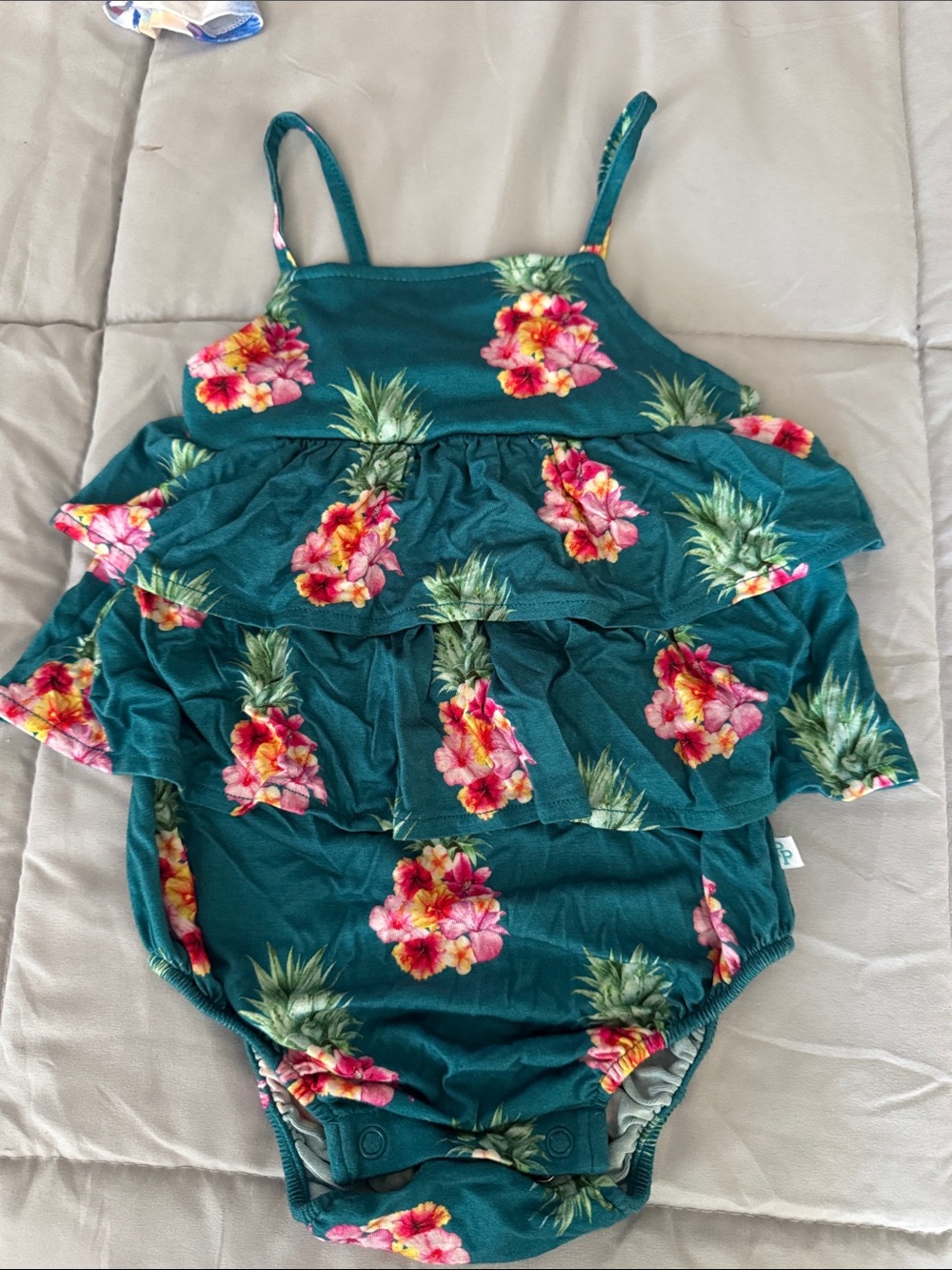 Posh Peanut Teal Tropical Pineapple Floral Ruffle One-Piece Bodysuit